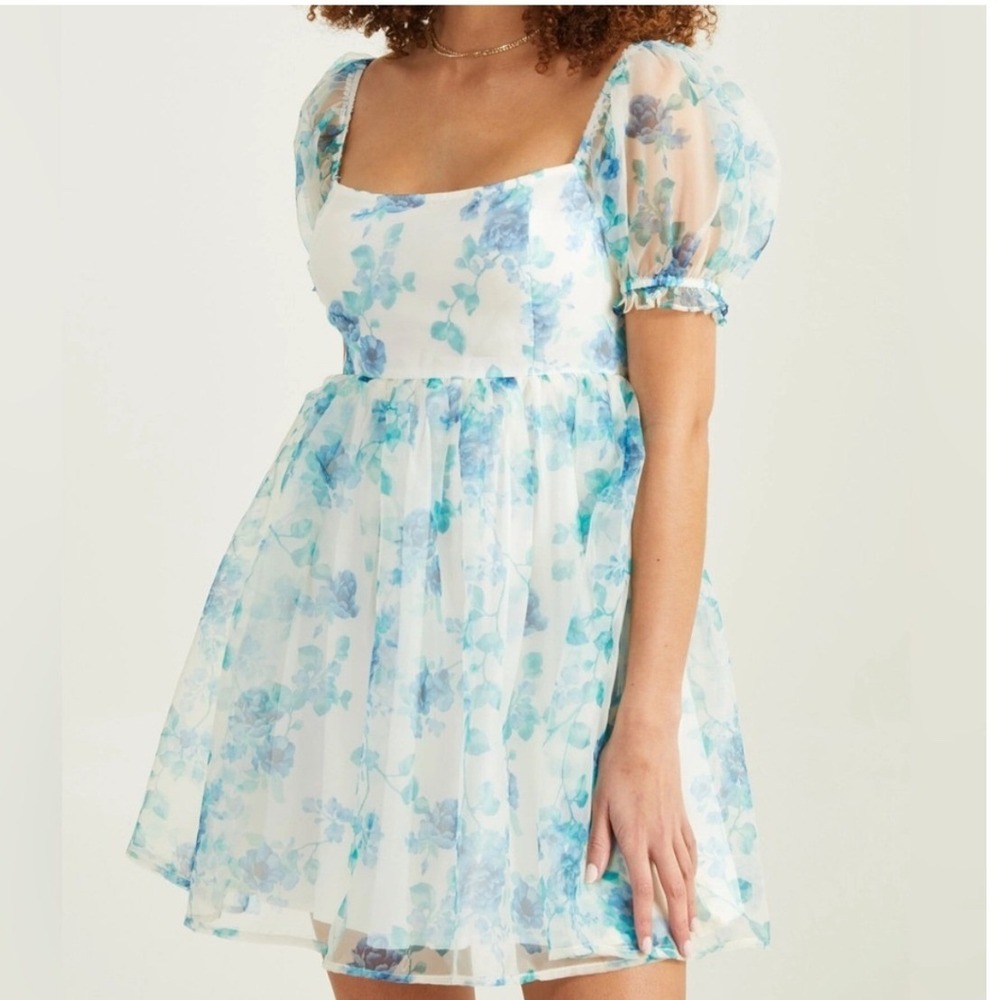 Altar'd State L Floral Puff Sleeve Babydoll Mini Dress Cottagecore Coquette